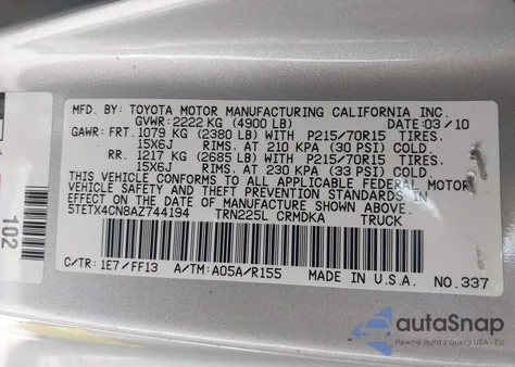 2010 Toyota Tacoma из США, поврежденный, VIN 5TETX4CN8AZ744194